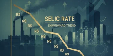 Gráfico financeiro mostrando a queda da taxa Selic, com elementos de negócios e investimento.