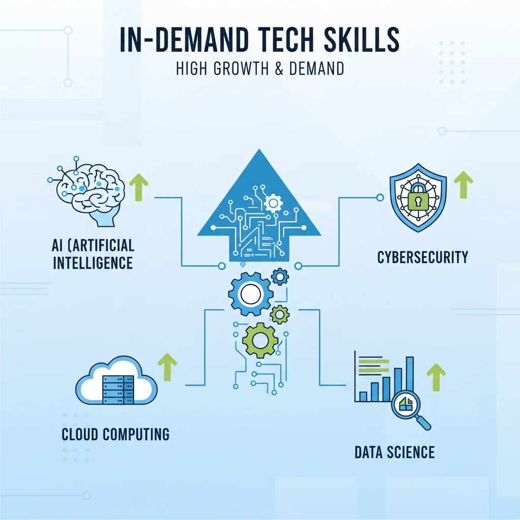 Infográfico detalhando as habilidades tecnológicas mais procuradas no mercado de trabalho atual, como inteligência artificial e cibersegurança.
