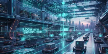 Hub de logística futurista com linhas digitais de blockchain conectando diferentes pontos da cadeia de suprimentos