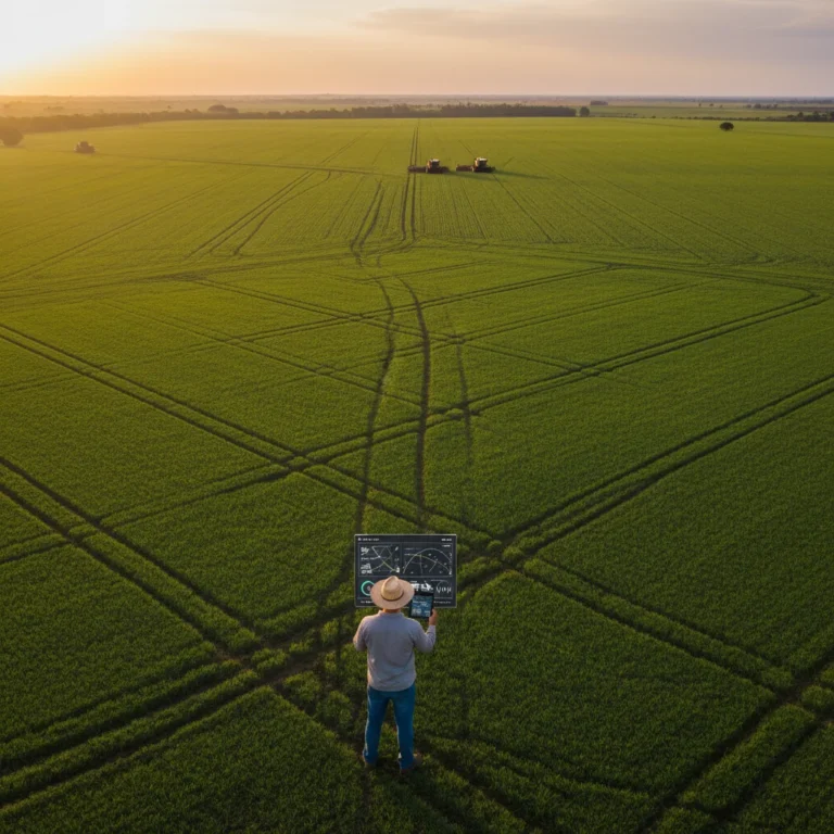 Agricultor utilizando tablet com dados de IA em lavoura brasileira ao pôr do sol