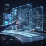 IA Generativa: 5 Ferramentas Essenciais para Produtividade Digital Mão humana interagindo com interfaces holográficas de IA Generativa, simbolizando inovação e produtividade digital.