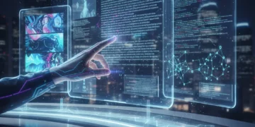 Mão humana interagindo com interfaces holográficas de IA Generativa, simbolizando inovação e produtividade digital.