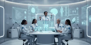 Equipe médica e especialistas em IA colaborando em diagnóstico avançado