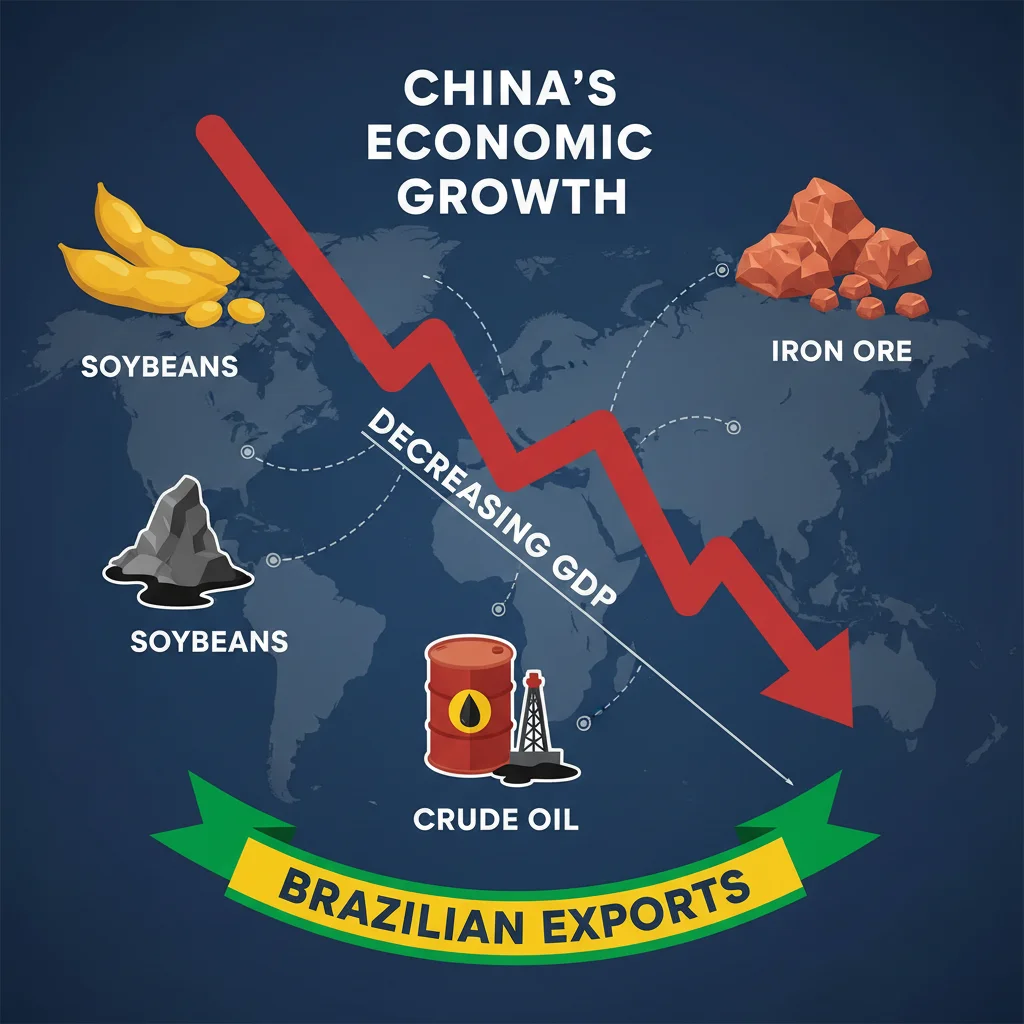 Gráfico de desaceleração econômica chinesa com ícones de commodities brasileiras como soja e minério de ferro.