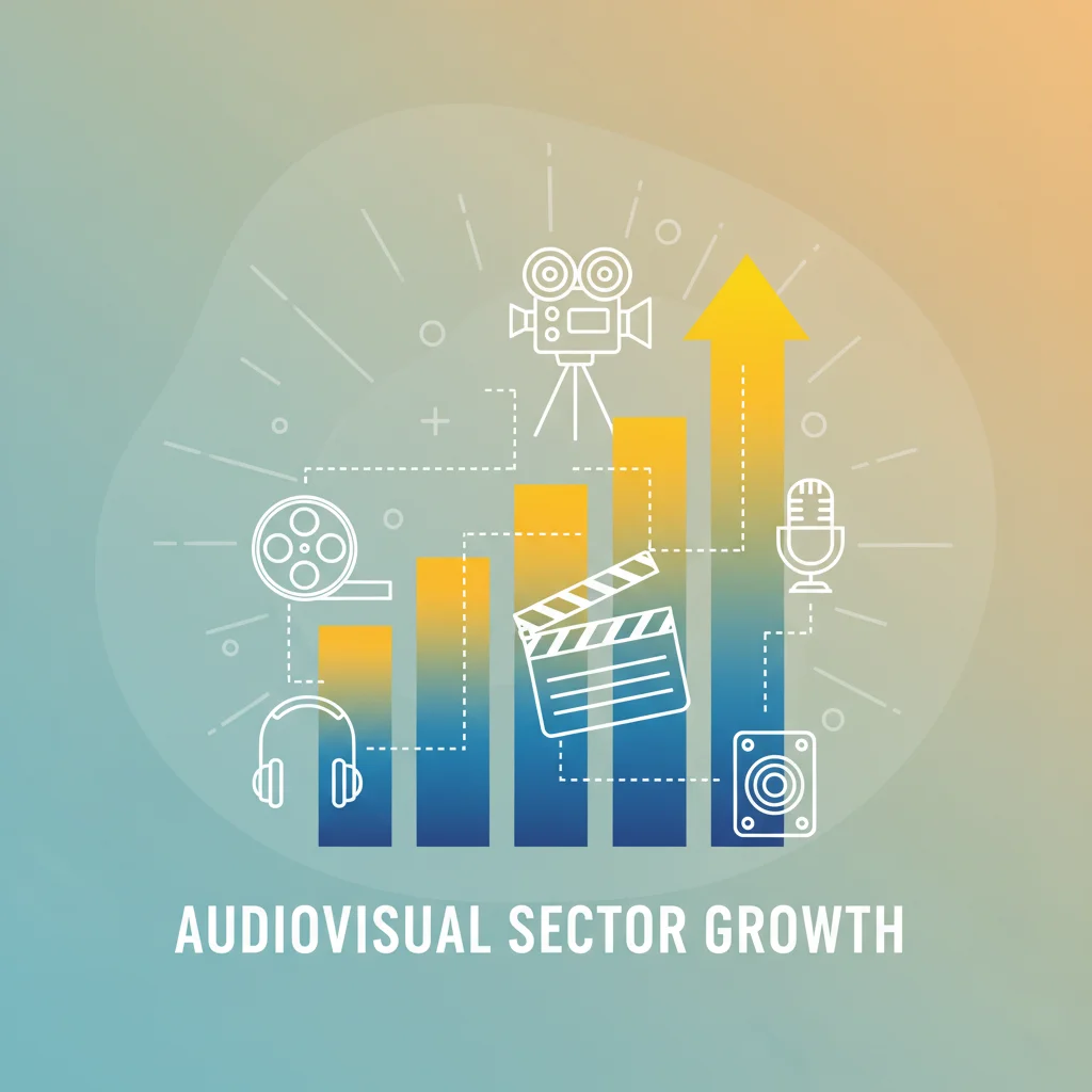 Gráfico em ascensão com ícones de cinema, representando o crescimento e impacto econômico do setor audiovisual.