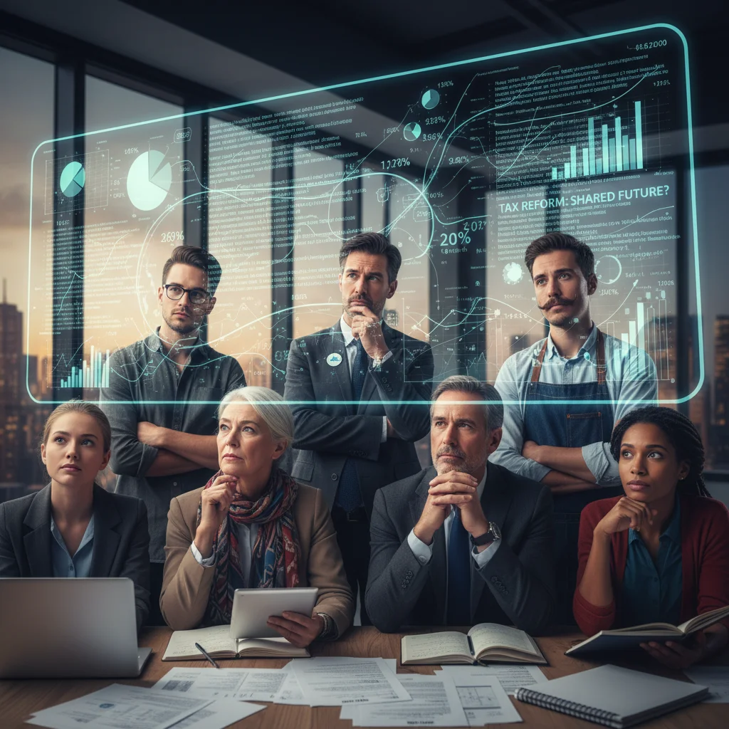 Grupo de pessoas diversas observando telas com códigos tributários, representando o impacto da Reforma Tributária em diferentes setores.
