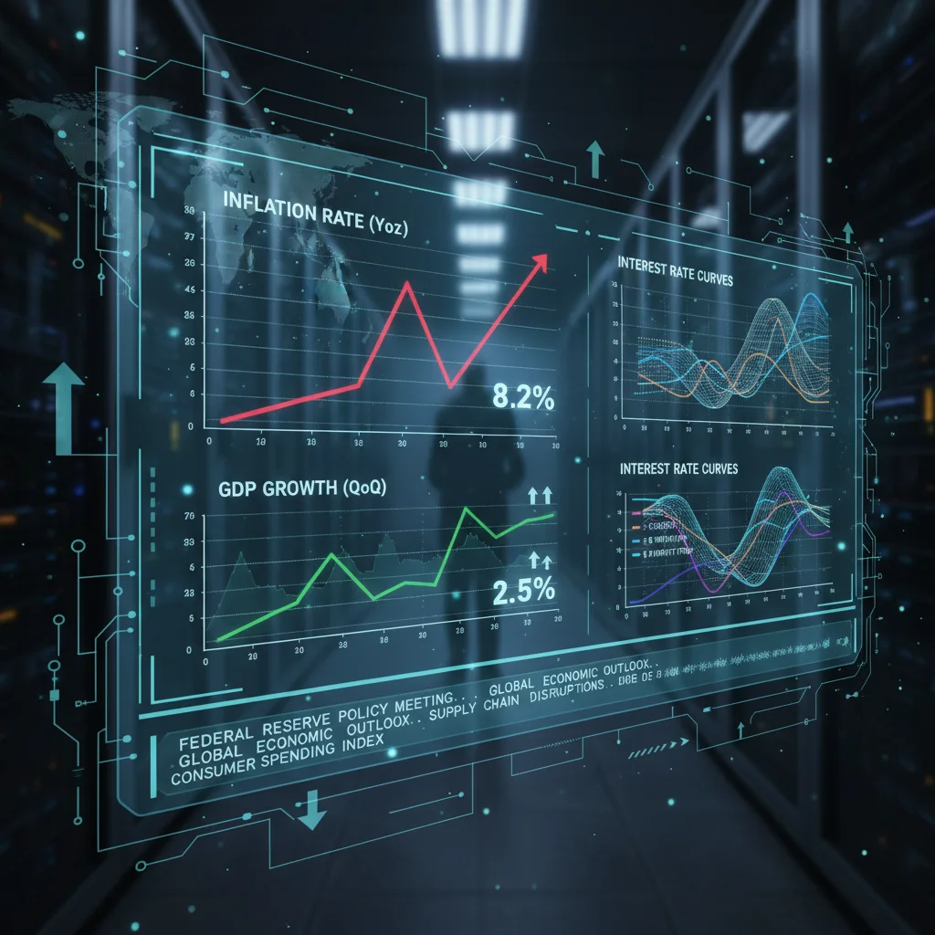 Indicadores econômicos como inflação e PIB em tela digital, mostrando dados de política monetária.