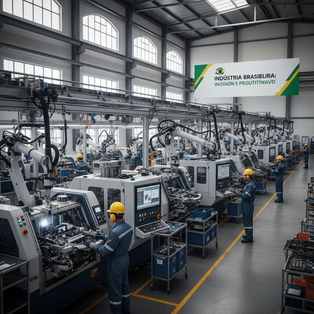 Interior de fábrica moderna no Brasil com máquinas e trabalhadores, representando a indústria nacional.