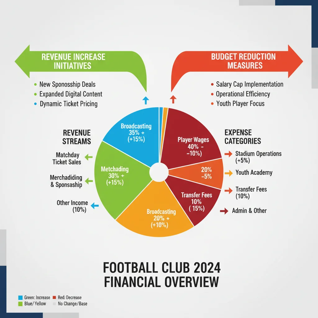 Infográfico detalhando a distribuição de receitas e despesas de um clube de futebol, com ênfase nas áreas de otimização orçamentária.