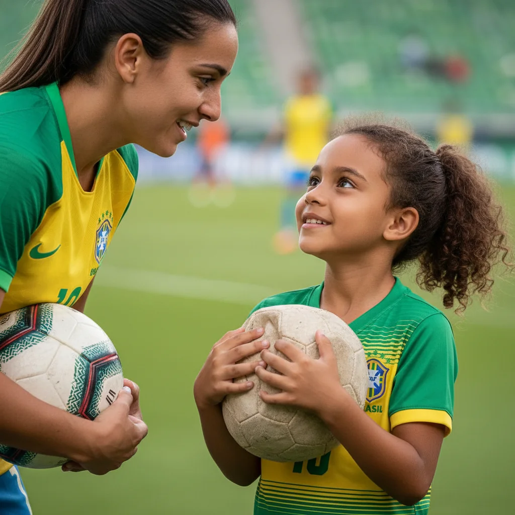 Jovem garota brasileira admirando uma jogadora de futebol feminino profissional, simbolizando inspiração e o futuro do esporte.