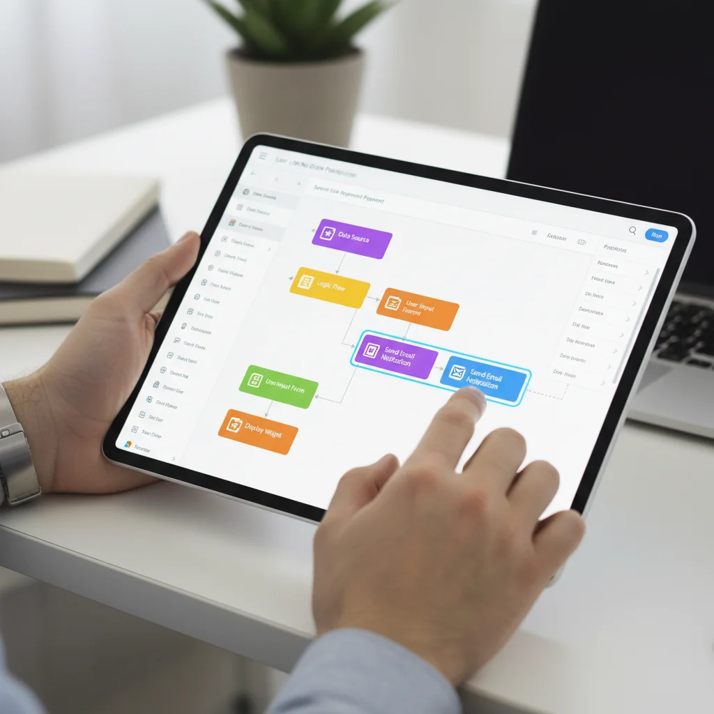 Interface visual de plataforma low-code/no-code com elementos de arrastar e soltar.