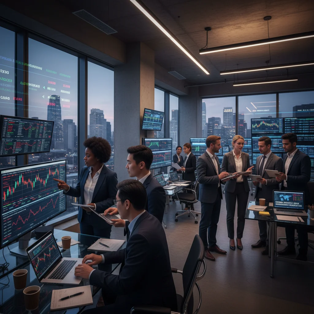 Investidores analisando gráficos financeiros e discutindo estratégias em um ambiente corporativo.
