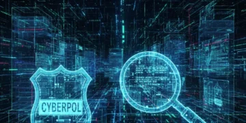Cena digital de investigação forense, com dados e códigos representando a elucidação de crimes digitais.