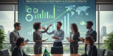 Profissionais de negócios analisando gráficos financeiros, representando o impacto do Investimento Estrangeiro Direto na economia brasileira.