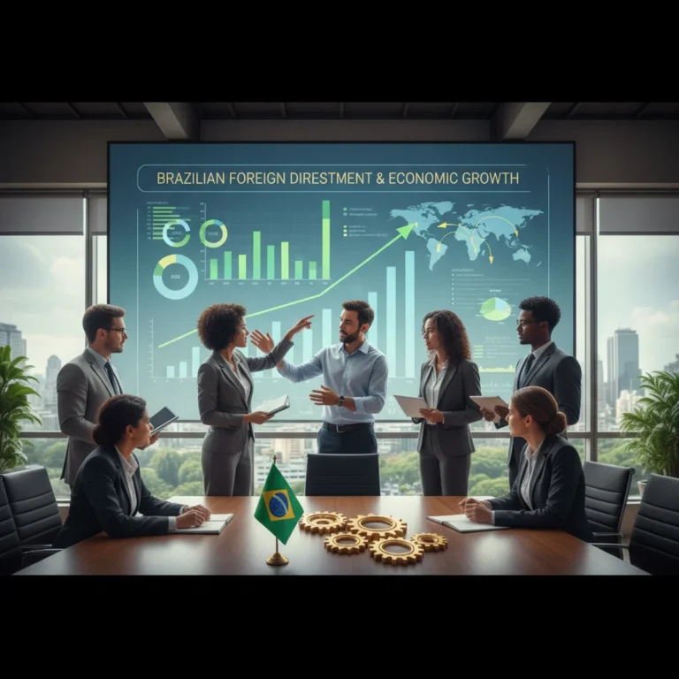 Profissionais de negócios analisando gráficos financeiros, representando o impacto do Investimento Estrangeiro Direto na economia brasileira.
