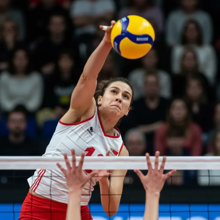 Jogador de vôlei atacando a bola sobre a rede em uma partida intensa.