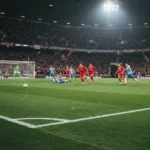 Jogadores de futebol em ação, atacando o gol adversário em um campo iluminado à noite.