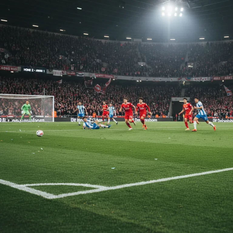 Jogadores de futebol em ação, atacando o gol adversário em um campo iluminado à noite.