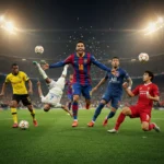 Mercado da Bola: Brasileiros Mais Valorizados na Europa Jogadores brasileiros comemorando gols e mostrando suas habilidades em campos europeus, representando a valorização no mercado da bola.