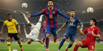 Jogadores brasileiros comemorando gols e mostrando suas habilidades em campos europeus, representando a valorização no mercado da bola.