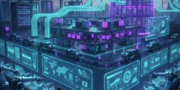 Máquinas inteligentes e humanos colaborando em um ambiente industrial otimizado por machine learning.