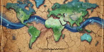 Mapa global destacando regiões com escassez de água e contrastando com áreas de abundância hídrica, simbolizando a crise hídrica global.