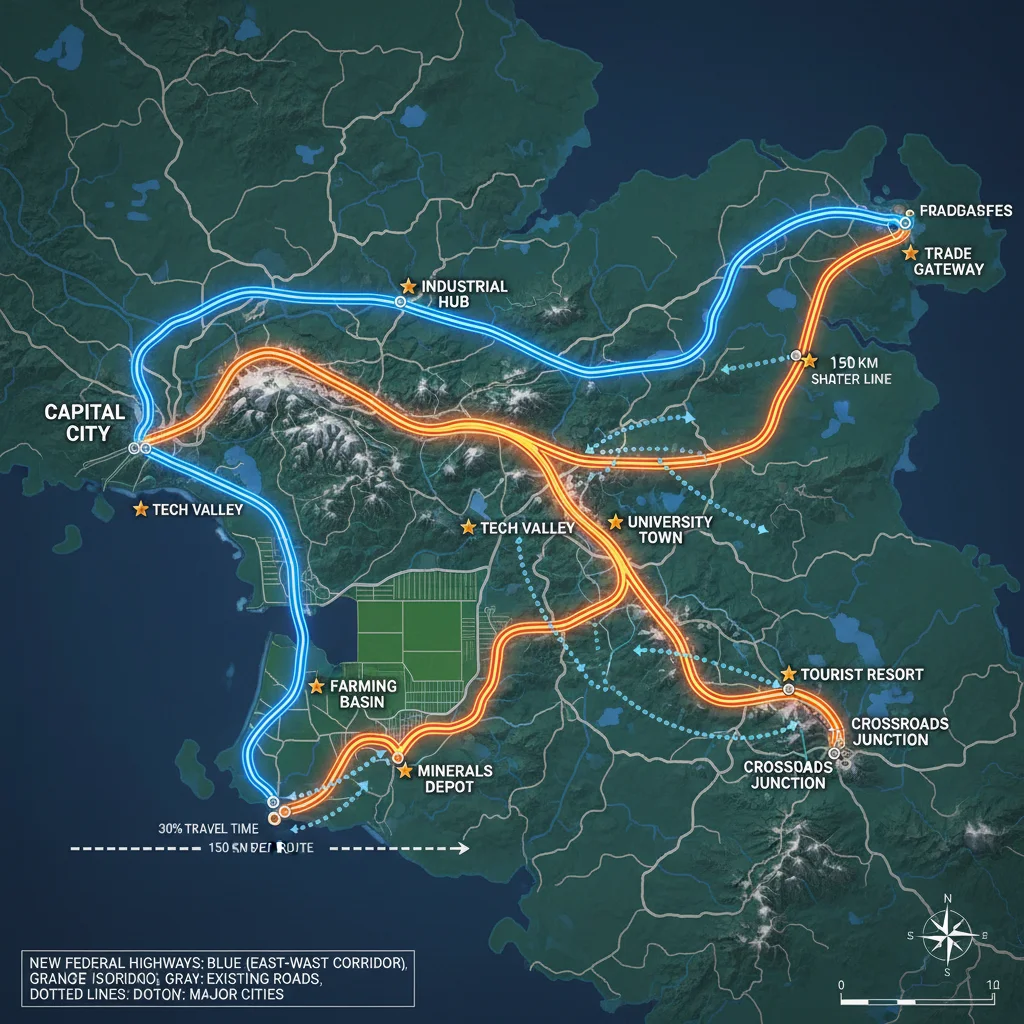 Mapa detalhado mostrando as rotas das novas rodovias federais e suas conexões com cidades importantes, ilustrando a melhoria na conectividade.