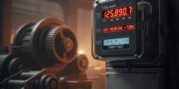 Medidor de energia industrial mostrando aumento de consumo e custos, simbolizando o impacto da tarifa de energia na indústria.