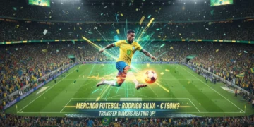 Mercado da Bola: Jogadores de futebol brasileiros mais valorizados em destaque no campo, simbolizando transferências e negociações.
