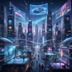 Metaverso: Empresas Investem Milhões em Experiências Imersivas Pessoas interagindo em um ambiente de metaverso futurista com logos de grandes empresas.