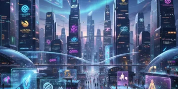 Pessoas interagindo em um ambiente de metaverso futurista com logos de grandes empresas.