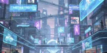Metaverso vibrante com avatares e lojas virtuais, simbolizando oportunidades de negócios.