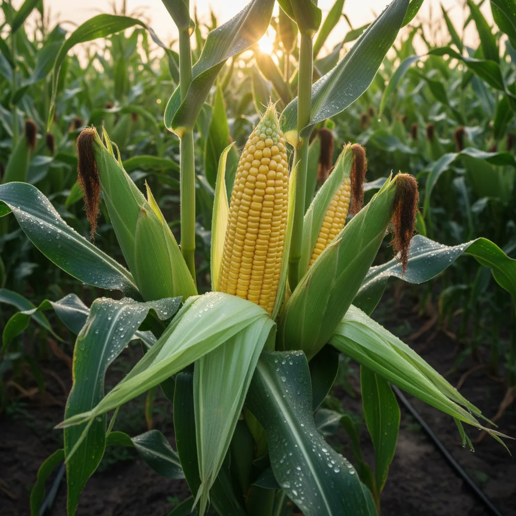 Espigas de milho maduras e saudáveis em uma plantação, com gotas de orvalho nas folhas, representando a qualidade da produção agrícola.