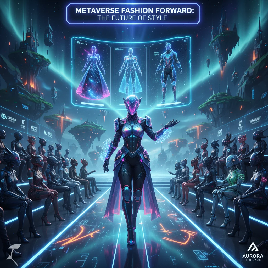 Avatar de artista digital apresentando coleção de moda em desfile no metaverso.