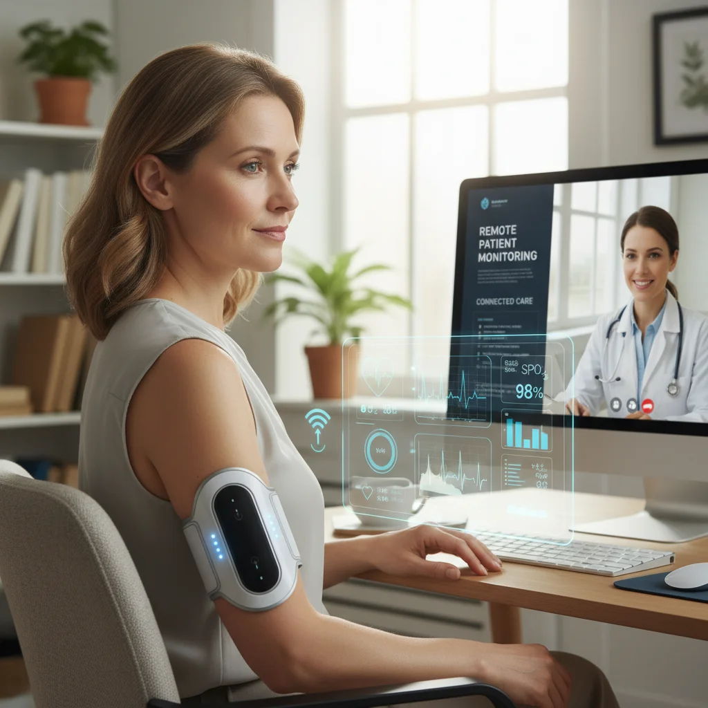 Paciente usando dispositivo vestível para monitorar saúde, com dados enviados a profissional, destacando tecnologias de monitoramento remoto.