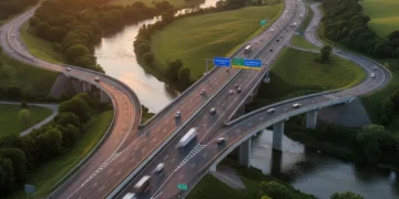 Vista aérea de uma nova rodovia federal, com tráfego fluindo suavemente e pontes modernas, simbolizando a redução do tempo de viagem.