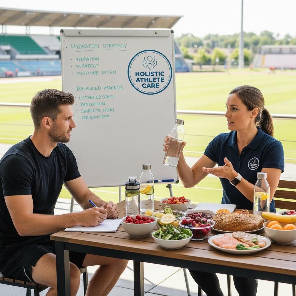 Nutricionista esportivo discutindo hidratação e dieta balanceada com um atleta.
