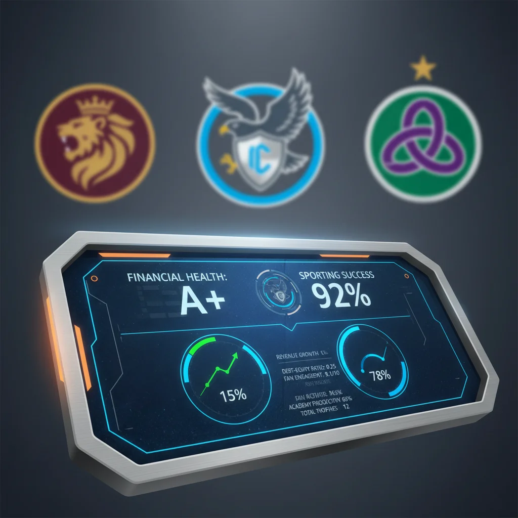 Painel de controle digital com KPIs financeiros e esportivos, simbolizando a gestão integrada e o sucesso de múltiplos clubes.