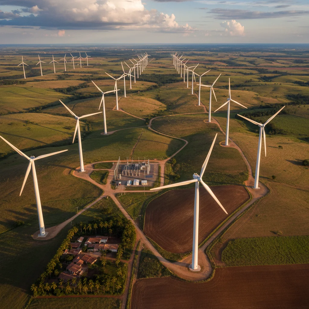 Parque eólico moderno no Brasil, com várias turbinas gerando energia limpa.
