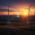 IA e Energia Eólica: Otimizando a Produção em 25% Parque eólico ao pôr do sol com sobreposição digital de rede neural, simbolizando IA na energia eólica.