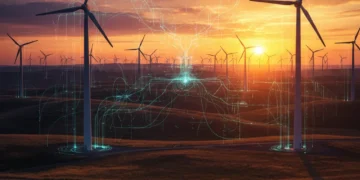 Parque eólico ao pôr do sol com sobreposição digital de rede neural, simbolizando IA na energia eólica.
