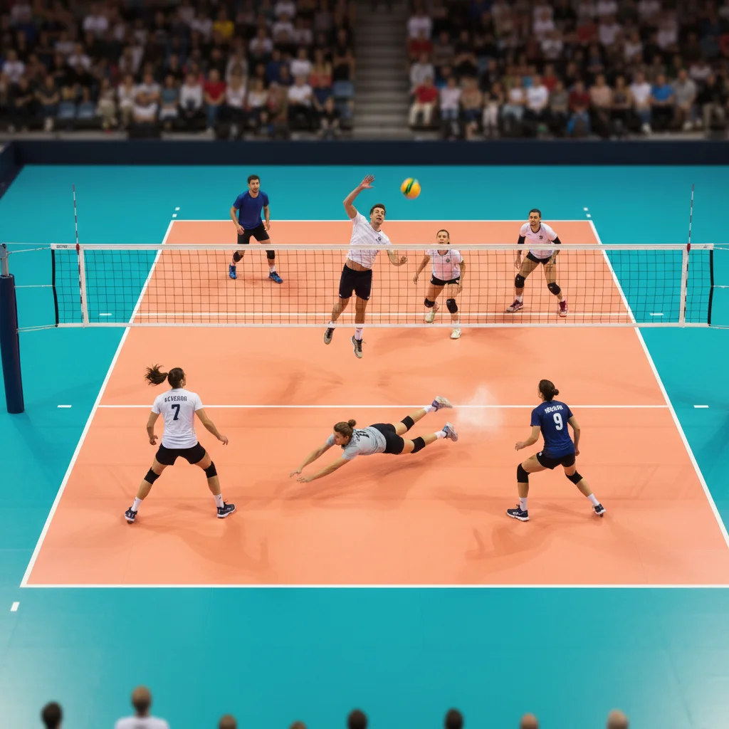 Vista aérea de uma partida de vôlei com jogadores em ação intensa.