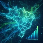 Mapa do Brasil com conexões de inteligência artificial e gráfico de crescimento de patentes de IA.