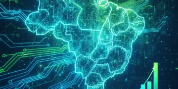 Mapa do Brasil com conexões de inteligência artificial e gráfico de crescimento de patentes de IA.