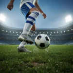 Revelando Talentos: Base no Futebol Profissional Pés de jovem jogador de futebol driblando a bola em campo verde, simbolizando a transição da base para o profissional.