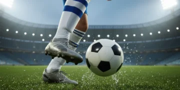 Pés de jovem jogador de futebol driblando a bola em campo verde, simbolizando a transição da base para o profissional.