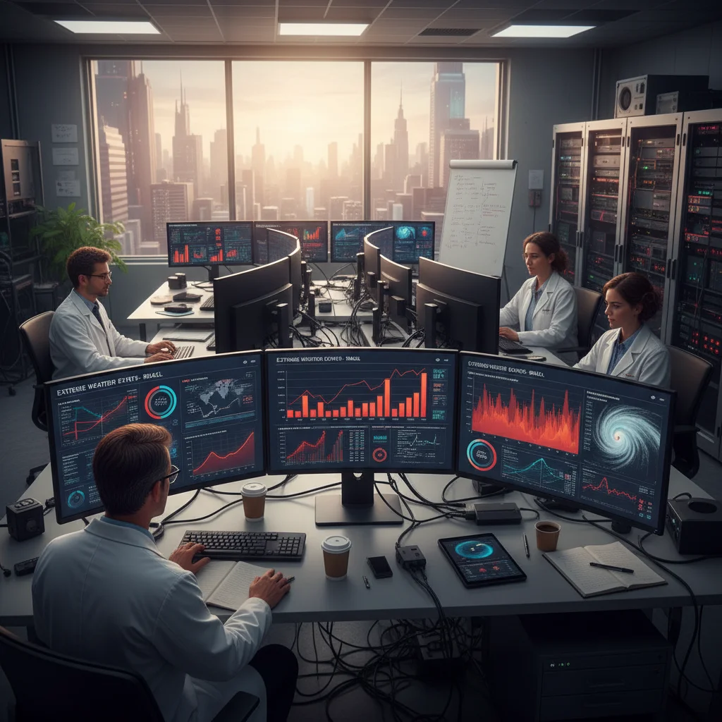 Cientistas analisando dados climáticos e tendências de eventos extremos no Brasil.