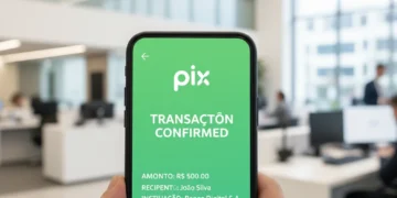 Tela de celular mostrando uma transação Pix confirmada, com o logo do sistema de pagamentos.