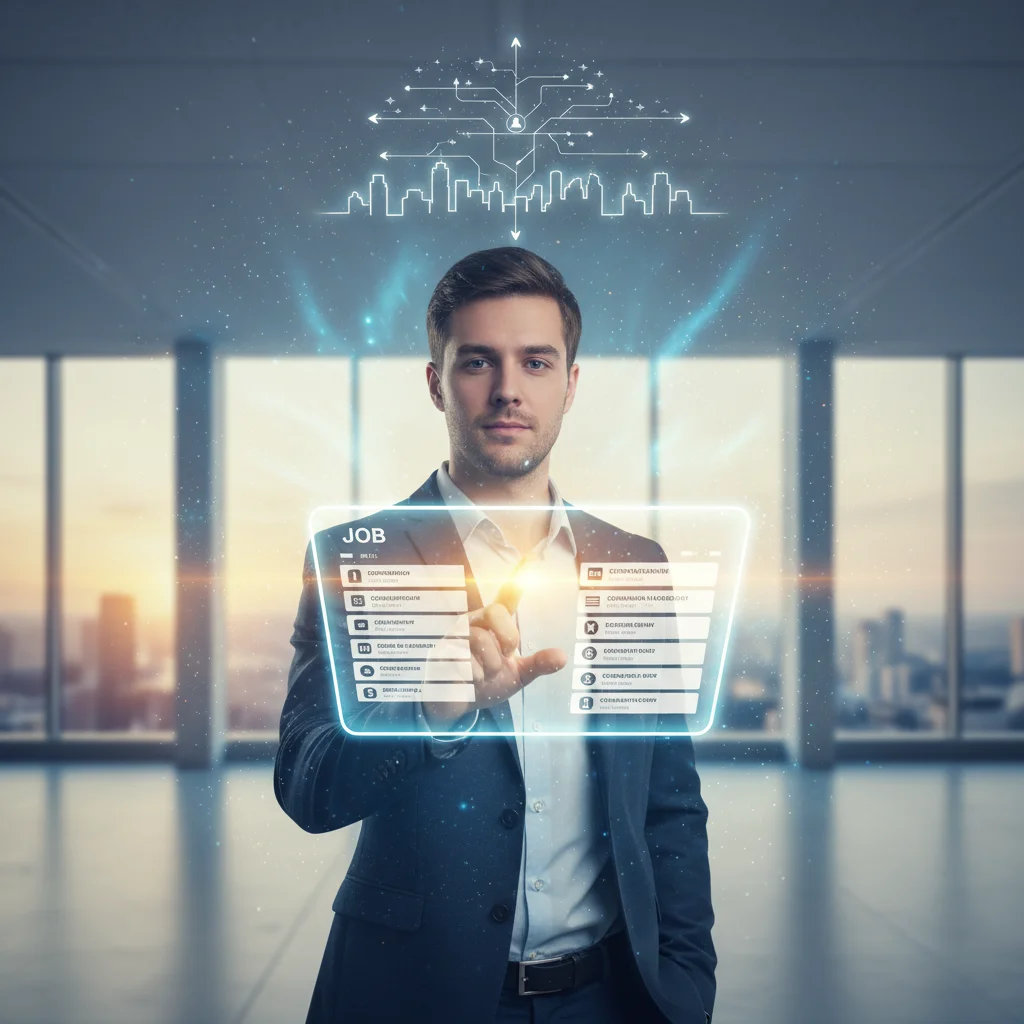 Pessoa analisando oportunidades de emprego em um painel digital, representando planejamento de carreira e perspectivas futuras.