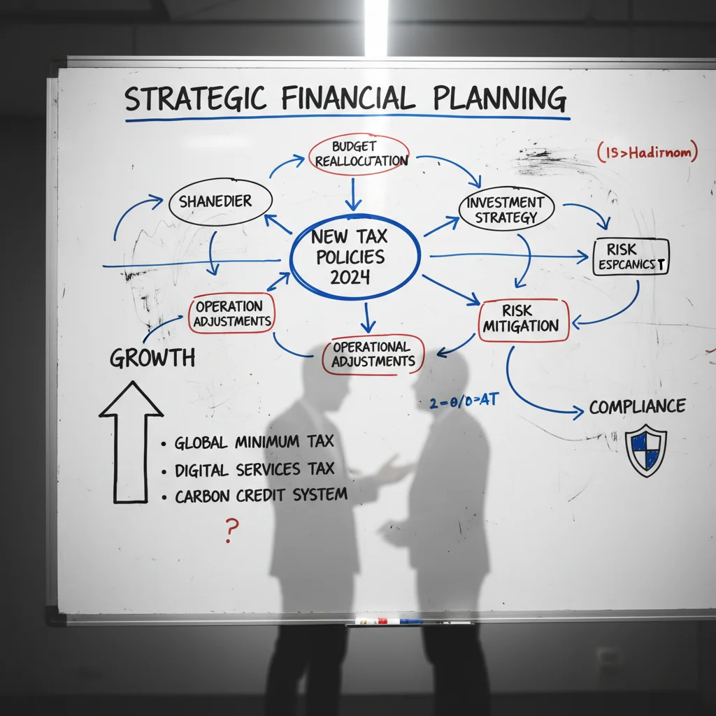 Quadro branco com termos financeiros e diagramas de planejamento estratégico para empresas.